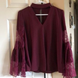 Burgundy blouse with bell lace sleeves
